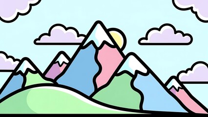 Fototapeta premium Colorful cartoon mountain landscape with clouds.