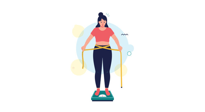 Unhappy woman measuring her waist with a tape while standing on a weight scale, concerned about weight loss and body image.