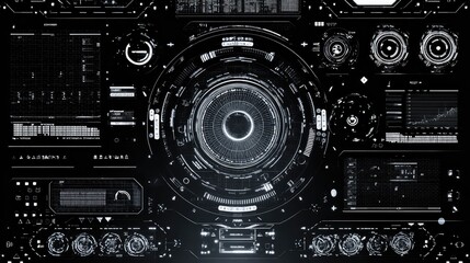 Futuristic User Interface with Complex Graphic Elements Displaying Data Visualization, Technology Metrics, and Interactive Dashboard for Digital Experiences