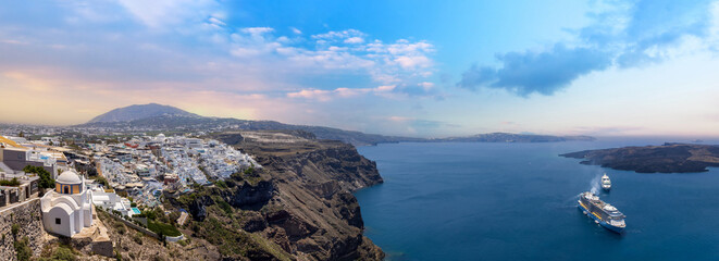 Greek islands, scenic Santorini Sea landscapes at sunset and Fira views.