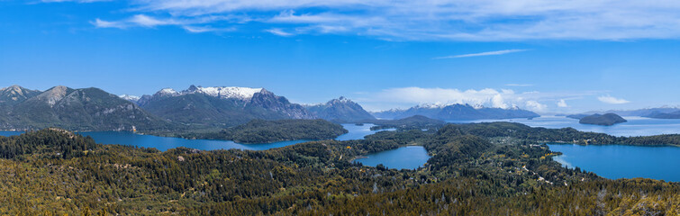 Argentina, Patagonia, scenic panoramic landscapes of Isla Victoria and Andes from Cerro Campanario.