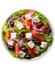 Greek salad feta, tomatoes, olives, red onion, lettuce in white bowl, above