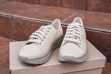 Minimalist eco-friendly white sneakers placed on recycled cardboard box, clean design for sustainable fashion concepts. New unbranded beige sneakers footwear mockups and modern product displays. For