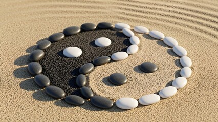 Harmony in balance, a yin and yang symbol crafted with smooth stones on rippled sand landscape