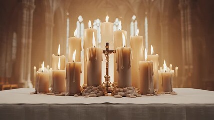 Candlemas sacred scene with lit candles near altar for Christian observance