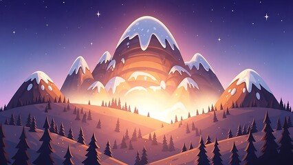 Snowy mountain range at sunset dusk.