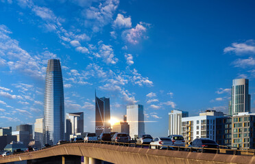 USA, California, Panoramic San Francisco financial district skyline in city downtown .