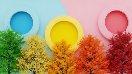 Pastel autumn landscape showcasing colorful trees against circular geometric shapes abstract