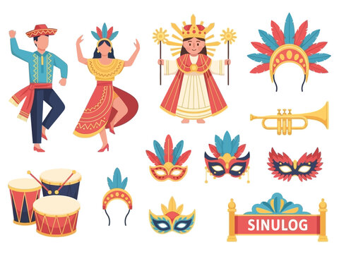 Colorful Sinulog Festival Elements Dancers, Masks, Drums, and Trumpet in Festive Vector Illustration