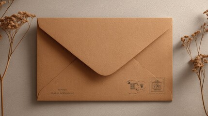 Close-Up of Brown Kraft Envelope with Stamp and Elegant Design, Set Against a Soft Neutral Background with Delicate Dried Flowers for a Vintage Aesthetic