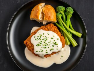 Crispy chicken cutlet with cream sauce and broccoli