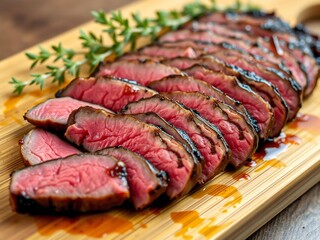 Sliced beef steak on wooden board