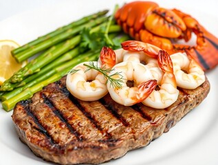 Grilled steak with shrimp and vegetables