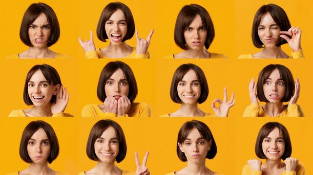 A young woman with a bob haircut showcases a range of emotions through facial expressions. Set against a vibrant yellow background, she engages with different sentiments in a collage format.