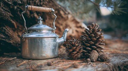 Vintage Silver Kettle on Wooden Surface with Natural Elements like Pine Cones and Pine Needles, Evoking a Cozy Rustic Outdoor Setting in Nature