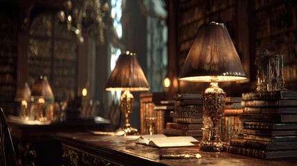 Elegant study room with vintage lamps and ancient books, showcasing a warm inviting atmosphere of a classical library with soft lighting and rich textures