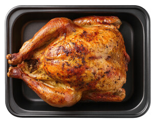 Roasted whole turkey in black pan, golden brown skin, ready to be carved