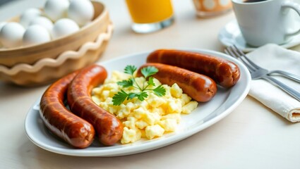 Hearty breakfast with scrambled eggs and sausages