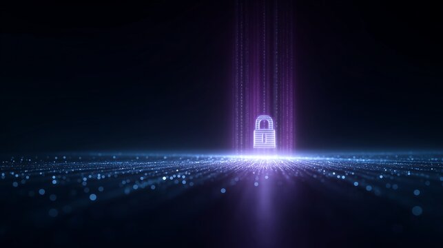 Data Encryption Concept Illustration with Glowing Digital Lock and Encrypted Code Streams