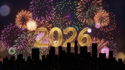 Colorful fireworks burst over a city skyline, featuring the golden year 2026, symbolizing New Year celebrations and future optimism
