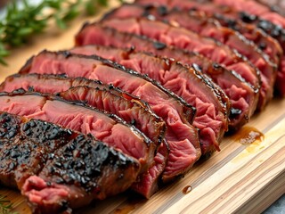 Sliced beef steak on wooden board