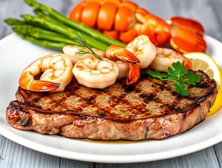 Grilled steak with shrimp and vegetables