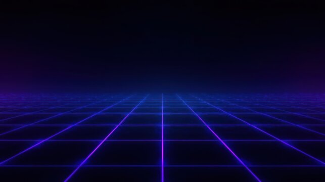 A futuristic digital grid with neon blue lines on a dark background