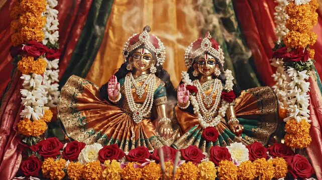 Dol Jatra background with decorated swing altar in soft daylight temple scene