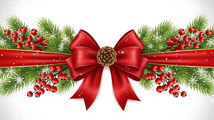 Red Christmas Ribbon Bow with Pine Branches, Berries and Snowflakes Isolated on White