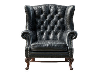 Tufted leather armchair, black, winged back, ornate wooden legs, front view