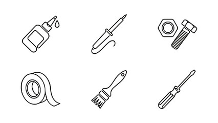 A collection of tools including glue, soldering iron, bolt, tape, brush, and screwdriver.