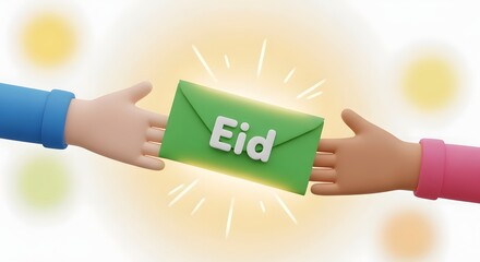 3D cartoon hands exchanging a glowing green Eid envelope, symbolizing festive greetings and generosity.