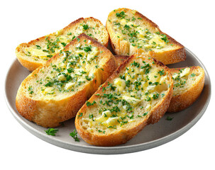 Slices of toasted baguette with butter and parsley on a round plate