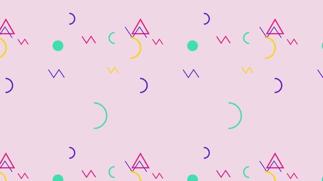 Vibrant geometric memphis pattern with abstract shapes and lines moving seamless loop background