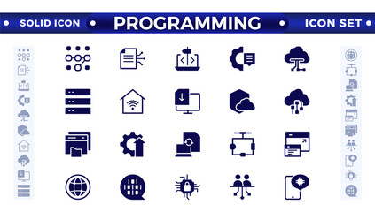 Programming solid icon set. Contains solid icons like Web Development, Code, Website, Cloud, App, Data, Software, Algorithm, Api, Build, Program. Big UI icon set in a flat design. 