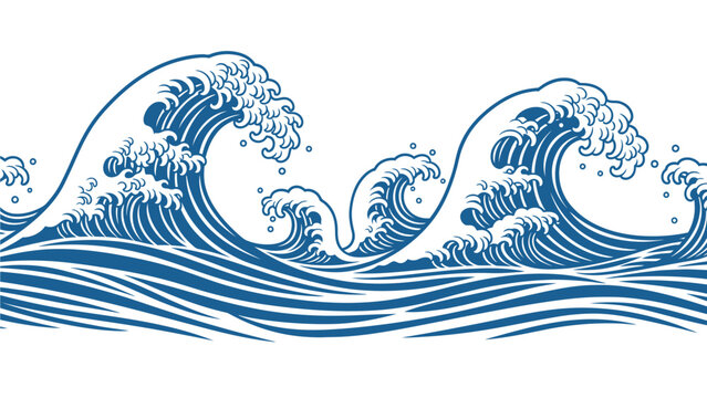 Decorative horizontal illustration of stylized Japanese Ukiyo-e ocean waves featuring dynamic blue crests and swirling white sea foam, designed for traditional Asian or nautical art