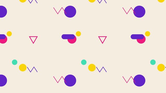 Vibrant modern retro geometric shapes abstract pattern animation with dynamic colorful elements seamlessly