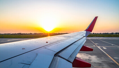 Golden Ascent: The wing of an airplane extends towards the radiant sun, a symbol of freedom and journey. The aircraft prepares for take-off under the golden sky. A striking scene of travel.