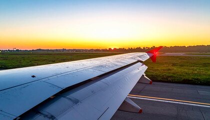 Sunrise Takeoff: Capturing the exhilarating beginning of a flight from the aircraft wing, set against a stunning sunrise horizon and the vast open sky, offering a sense of adventure and anticipation.