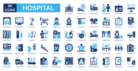 Hospital Fill Icon Set. Hospital Building, Patient Admission, Emergency Ward, Medical Checkup, Id Card, Operating Room, Medical Chart