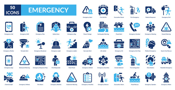 Emergency Fill Icon Set.  Alert, First Aid Kit, Evacuation Route, Fire , Medical Response,  Exit, Hazard Warning