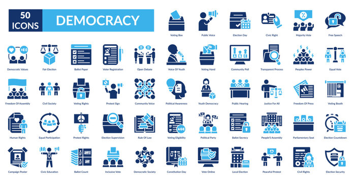 Democracy Fill Icon Set. Voting Box, Public Voice, Election Day, Civic Right, Majority Vote, Free Speech, Equal Vote