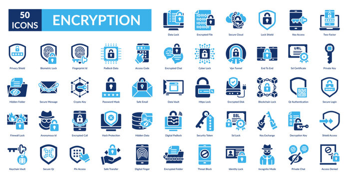 Encryption Fill Icon Set. Data Lock, Encrypted File, Secure Cloud, Lock Shield, Key Access, Two Factor, Private Key