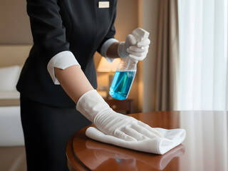 Housekeeping staff carefully cleans hotel room table professionally