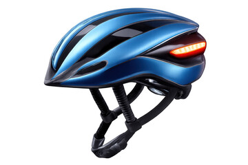 Fototapeta premium Blue bicycle helmet with integrated led tail light providing safety and protection for cyclists, transparent background
