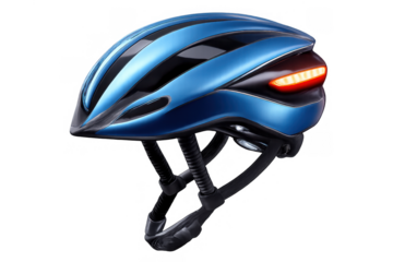 Blue bicycle helmet with integrated led tail light providing safety and protection for cyclists, transparent background