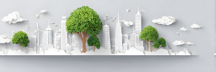 The person who knows. Tree, Achieve sustainable growth, World Environment Day. White eco urban city and nature landscape background paper art style.