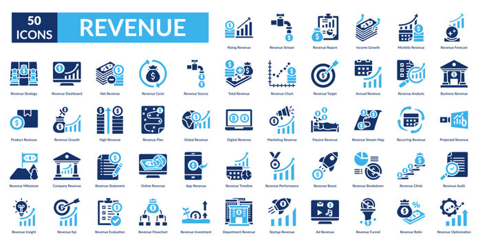 Revenue Fill Icon Set. Rising ,  Stream,  Report, Income Growth, Monthly ,  Forecast, Business 