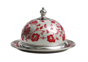 Domed dish with red floral pattern and silver rim, on matching plate