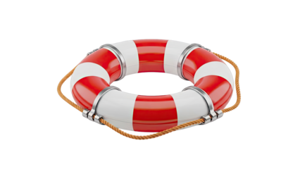 Red and white lifebuoy with rope